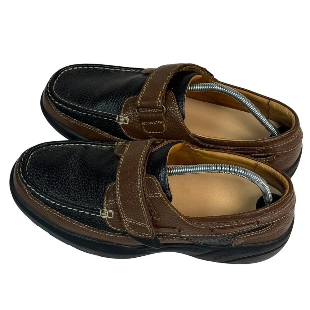 Dr. Comfort Mike Mens 11W Black Brown Leather Boat Shoes Hook Loop Strap 8660